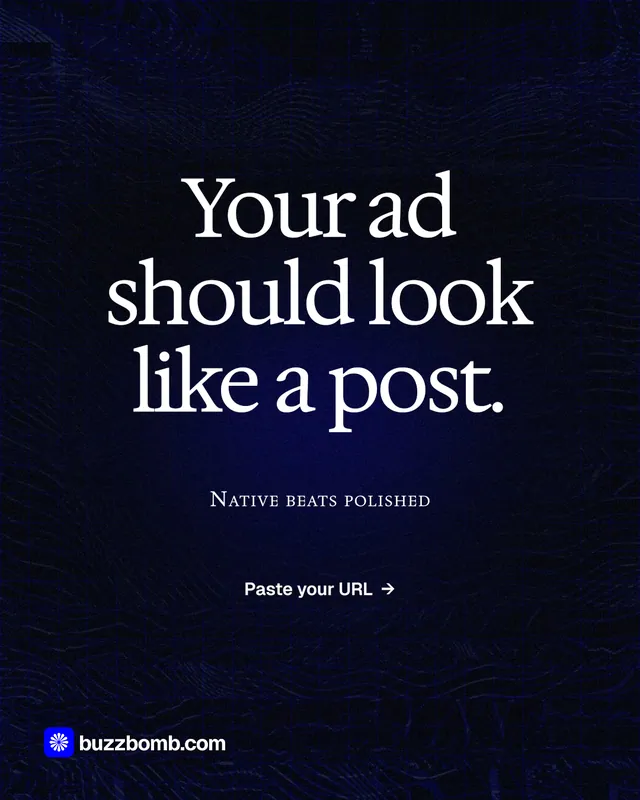 Instagram portrait post for BuzzBomb: "Your ad should look like a post." Phosphor atlas style, smallcaps layout, dark palette in black, grey.