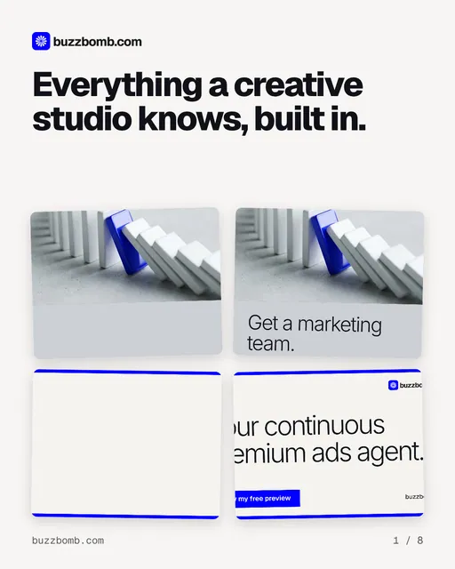 Carousel for BuzzBomb: "Everything a creative studio knows, built in.". Collection carousel, 8 slides, light palette.