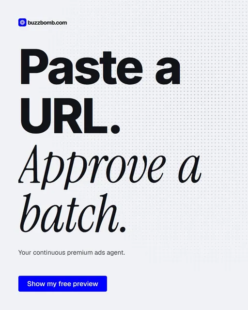 Video for BuzzBomb: "Paste a URL. Approve a batch.". Doc motion loop, 7.0 s, light palette.
