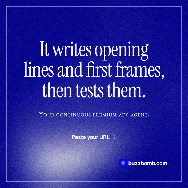 Instagram post for BuzzBomb: "It writes opening lines and first frames, then tests them." Editorial style, smallcaps layout, dark palette in blue.