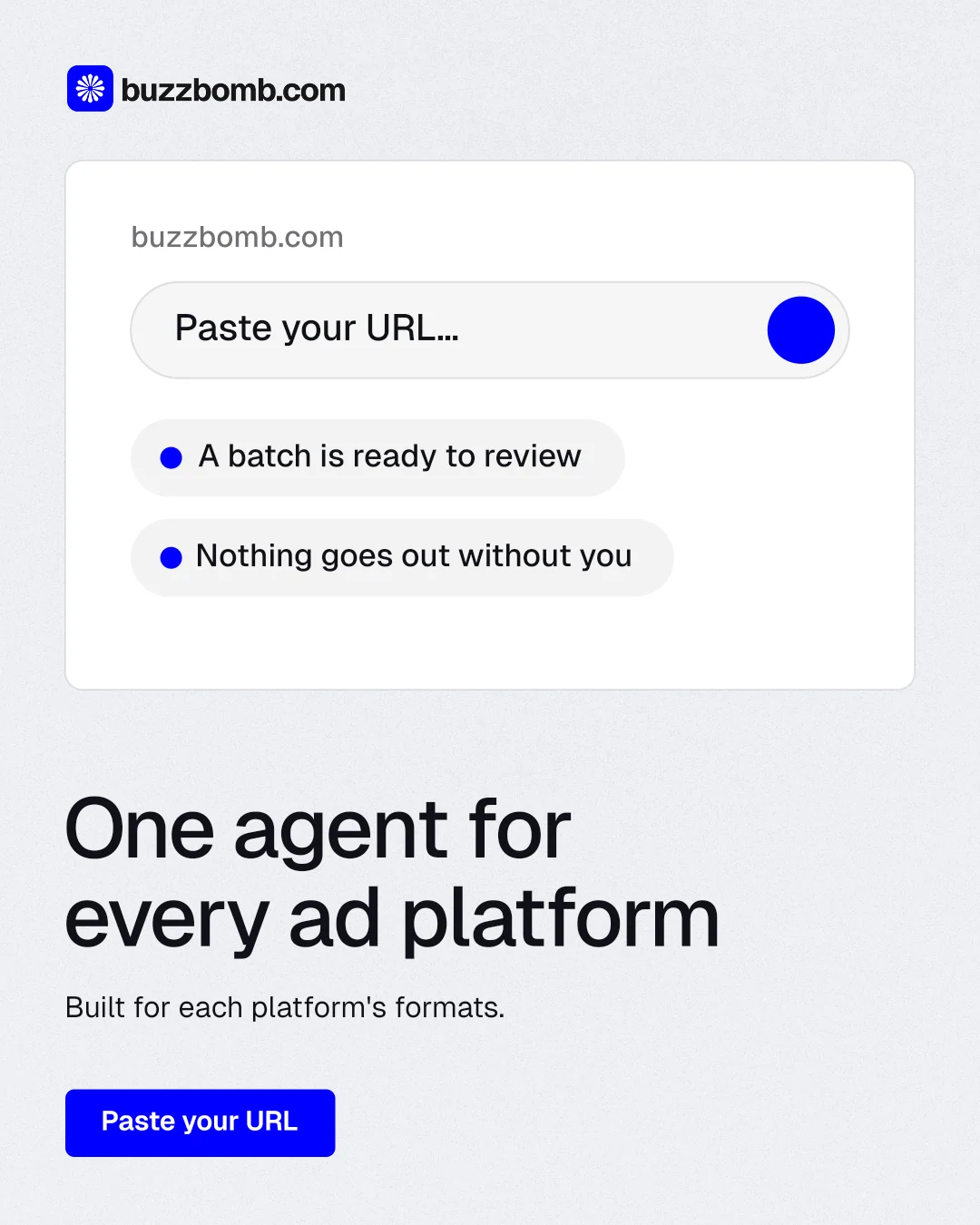 Instagram portrait post for BuzzBomb: "One agent for every ad platform". Data card style, bottom layout, light palette in white, blue.