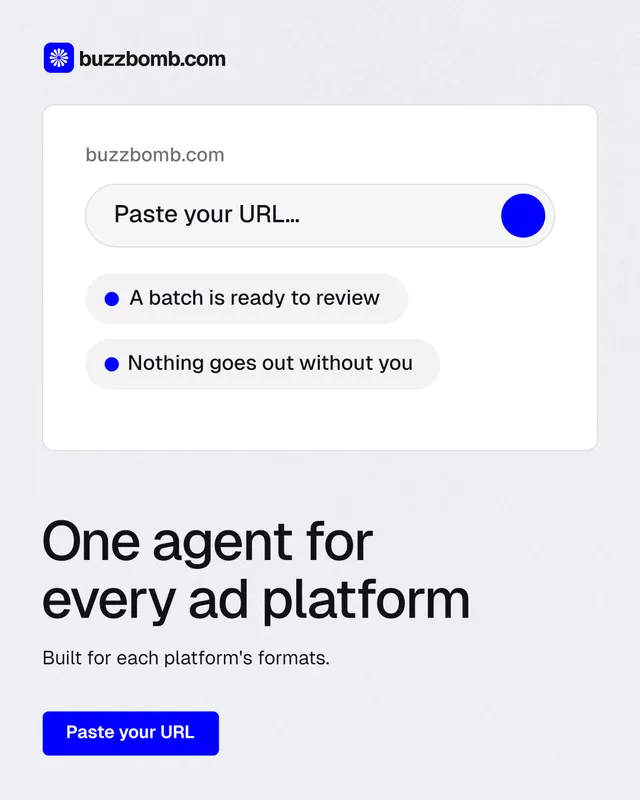 Instagram portrait post for BuzzBomb: "One agent for every ad platform". Data card style, bottom layout, light palette in white, blue.