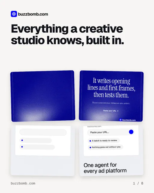 Carousel for BuzzBomb: "Everything a creative studio knows, built in.". Collection carousel, 8 slides, light palette.