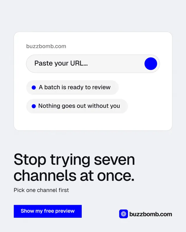 Instagram portrait post for BuzzBomb: "Stop trying seven channels at once." Swiss style, bottom layout, light palette in white, blue.