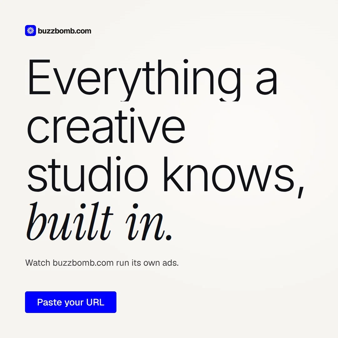 Video for BuzzBomb: "Everything a creative studio knows, built in.". Doc motion loop, 8.0 s, light palette.