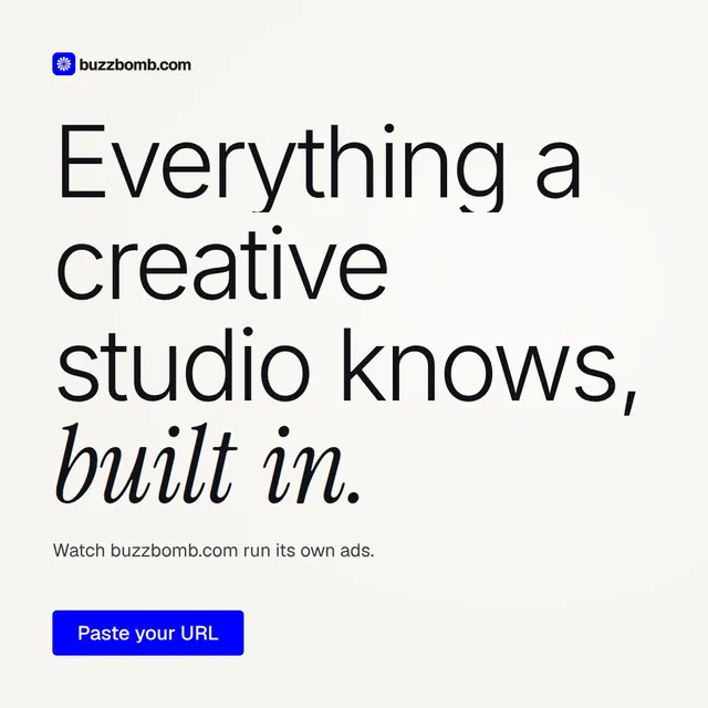 Video for BuzzBomb: "Everything a creative studio knows, built in.". Doc motion loop, 8.0 s, light palette.