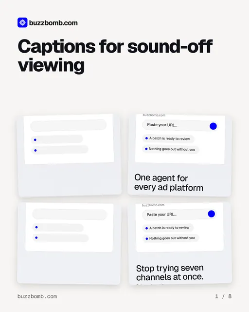 Carousel for BuzzBomb: "Captions for sound-off viewing". Collection carousel, 8 slides, light palette.