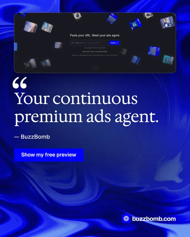 Instagram portrait post for BuzzBomb: "Your continuous premium ads agent." Swiss style, quote layout, dark palette in blue.