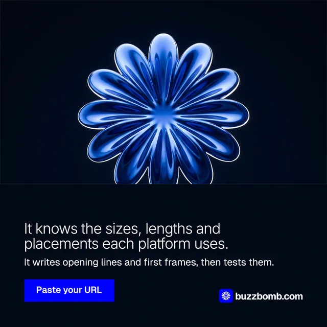 Instagram post for BuzzBomb: "It knows the sizes, lengths and placements each platform uses." Swiss style, bottom layout, dark palette in black, blue.