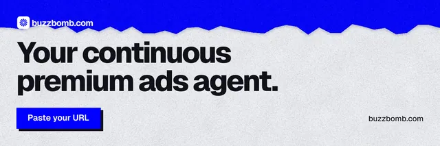 X header for BuzzBomb: "Your continuous premium ads agent." Paper trio style, poster layout, light palette in white, blue, grey.