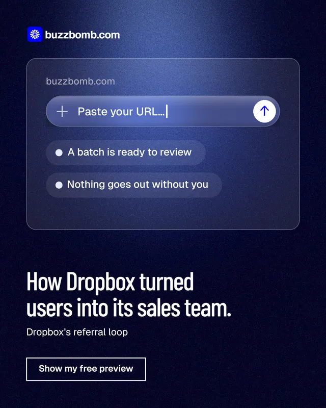Instagram portrait post for BuzzBomb: "How Dropbox turned users into its sales team." Dark deco style, bottom layout, dark palette in blue, black.