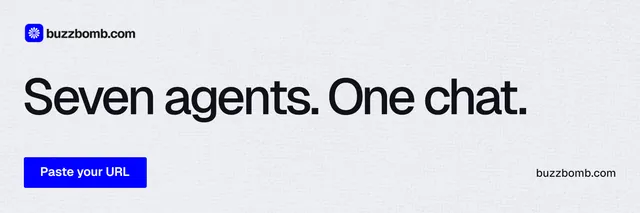 X header for BuzzBomb: "Seven agents. One chat." Data card style, poster layout, light palette in white, blue.