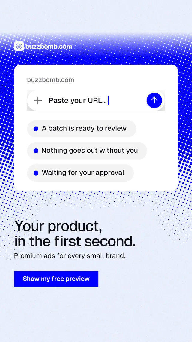 Instagram story for BuzzBomb: "Your product, in the first second." Swiss style, bottom layout, light palette in white, blue.