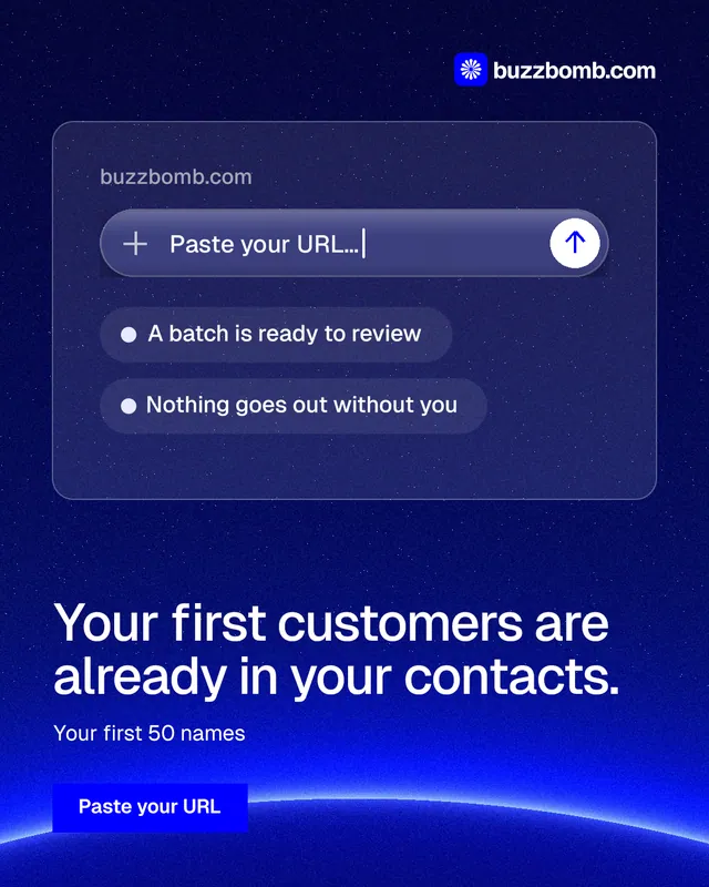 Instagram portrait post for BuzzBomb: "Your first customers are already in your contacts." Swiss style, bottom layout, dark palette in blue.