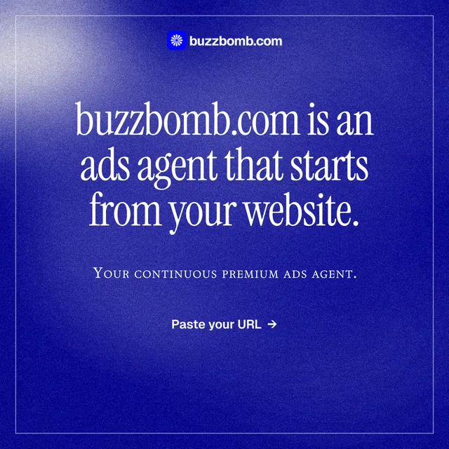 Instagram post for BuzzBomb: "buzzbomb.com is an ads agent that starts from your website." Editorial style, smallcaps layout, dark palette in blue.