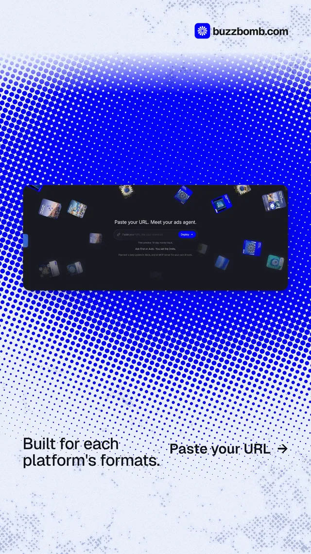 Instagram story for BuzzBomb: "Built for each platform's formats." Swiss style, image led layout, light palette in blue, white.