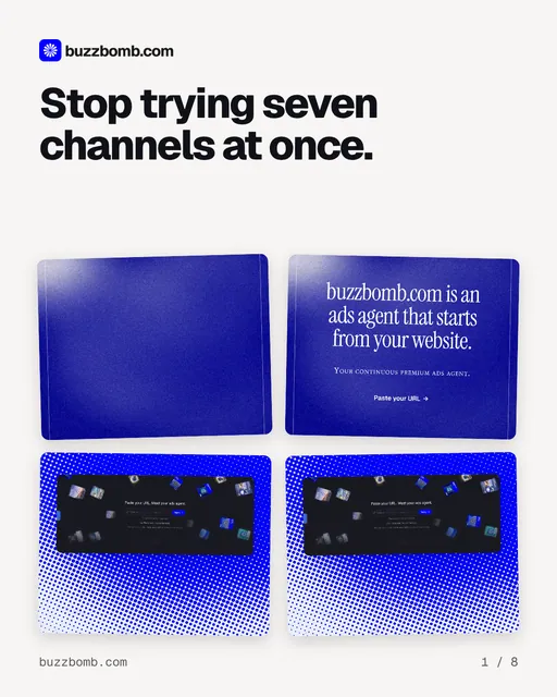 Carousel for BuzzBomb: "Stop trying seven channels at once.". Collection carousel, 8 slides, light palette.