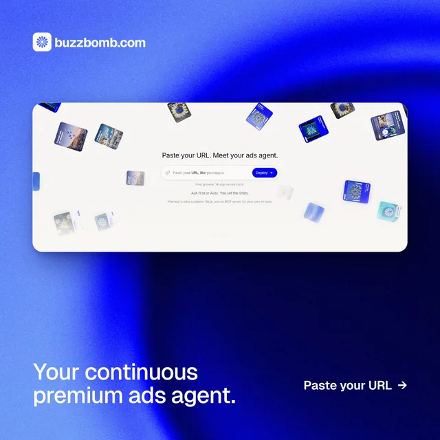 Instagram post for BuzzBomb: "Your continuous premium ads agent." Swiss style, image led layout, light palette in blue, white.