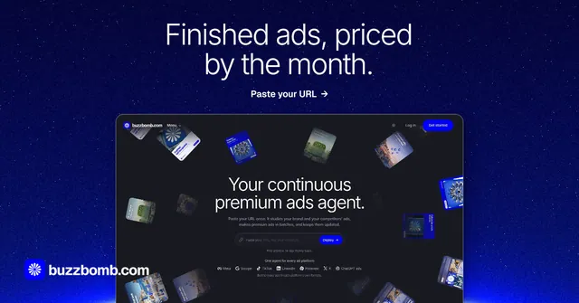 Social ad for BuzzBomb: "Finished ads, priced by the month." Swiss style, ogui layout, dark palette in blue, black.