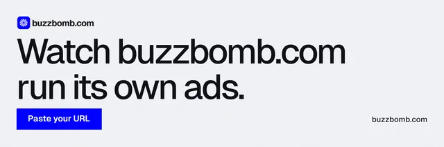X header for BuzzBomb: "Watch buzzbomb.com run its own ads." Swiss style, poster layout, light palette in white, grey.