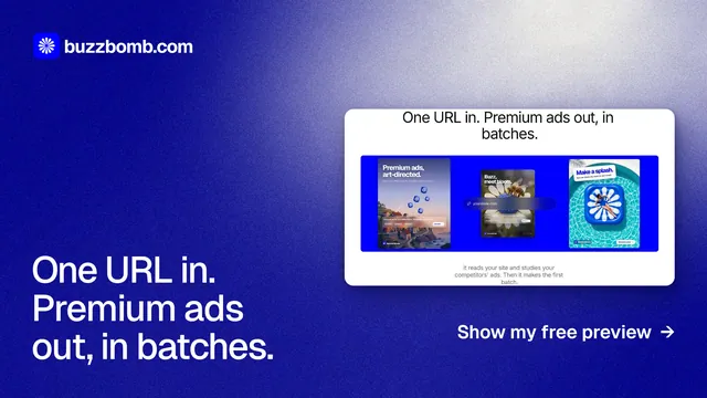 Landscape graphic for BuzzBomb: "One URL in. Premium ads out, in batches." Cyanotype style, image led layout, dark palette in blue.