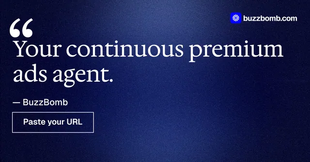 Social ad for BuzzBomb: "Your continuous premium ads agent." Dark deco style, quote layout, dark palette in black, blue, grey.