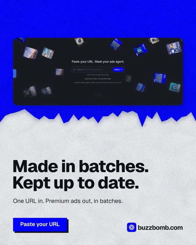 Instagram portrait post for BuzzBomb: "Made in batches. Kept up to date." Paper trio style, bottom layout, light palette in blue, white, grey.