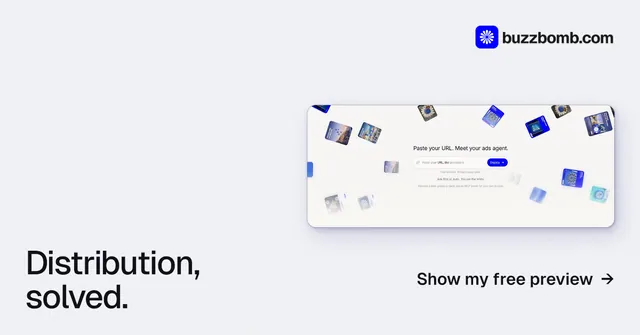 Social ad for BuzzBomb: "Distribution, solved." Swiss style, image led layout, light palette in white.