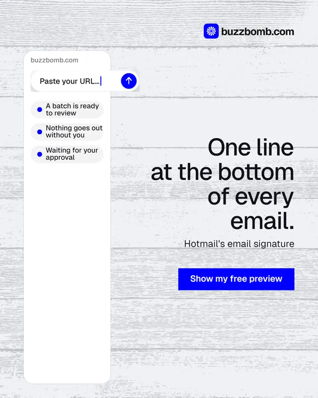 Instagram portrait post for BuzzBomb: "One line at the bottom of every email." Swiss style, right layout, light palette in white, blue.