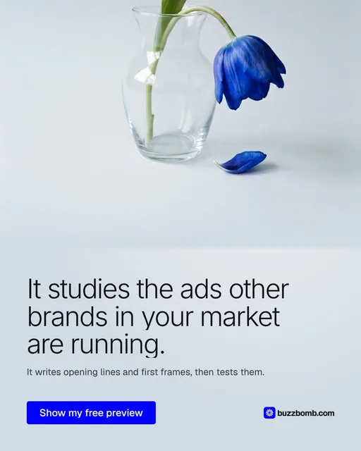Video for BuzzBomb: "It studies the ads other brands in your market are running.". Doc motion loop, 7.0 s, light palette.