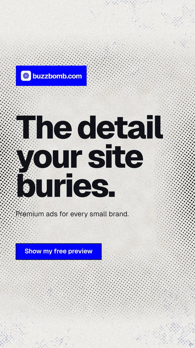 Instagram story for BuzzBomb: "The detail your site buries." Ink sticker style, announce layout, light palette in white, grey.