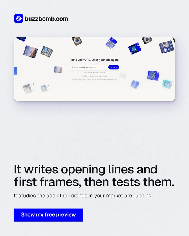 Instagram portrait post for BuzzBomb: "It writes opening lines and first frames, then tests them." Swiss style, bottom layout, light palette in white, blue.