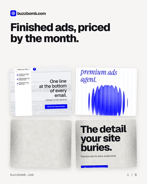 Carousel for BuzzBomb: "Finished ads, priced by the month.". Collection carousel, 8 slides, light palette.