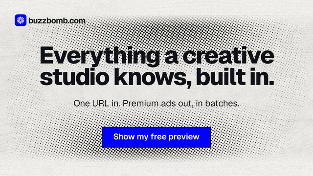 Landscape graphic for BuzzBomb: "Everything a creative studio knows, built in." Ink sticker style, centred layout, light palette in white, grey.