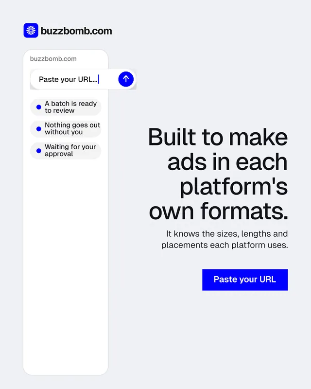 Instagram portrait post for BuzzBomb: "Built to make ads in each platform's own formats." Swiss style, right layout, light palette in white, blue.