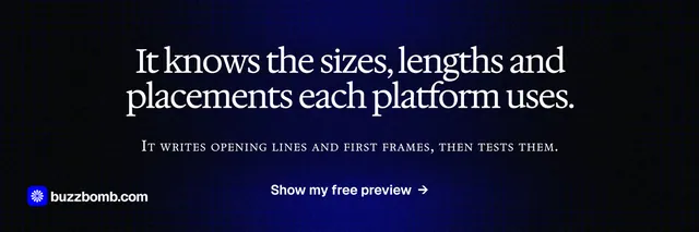 X header for BuzzBomb: "It knows the sizes, lengths and placements each platform uses." Phosphor atlas style, smallcaps layout, dark palette in black, blue, grey.