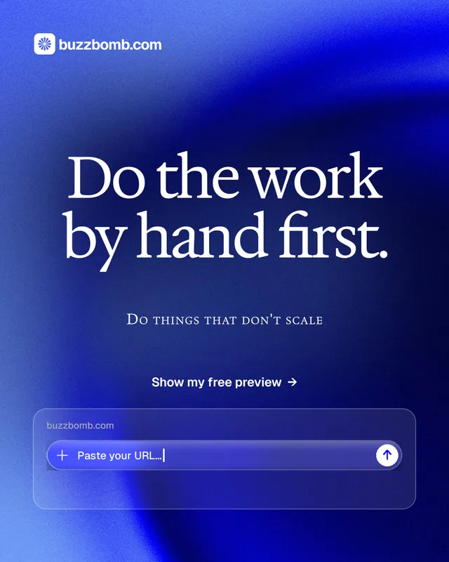 Instagram portrait post for BuzzBomb: "Do the work by hand first." Swiss style, smallcaps layout, dark palette in blue.