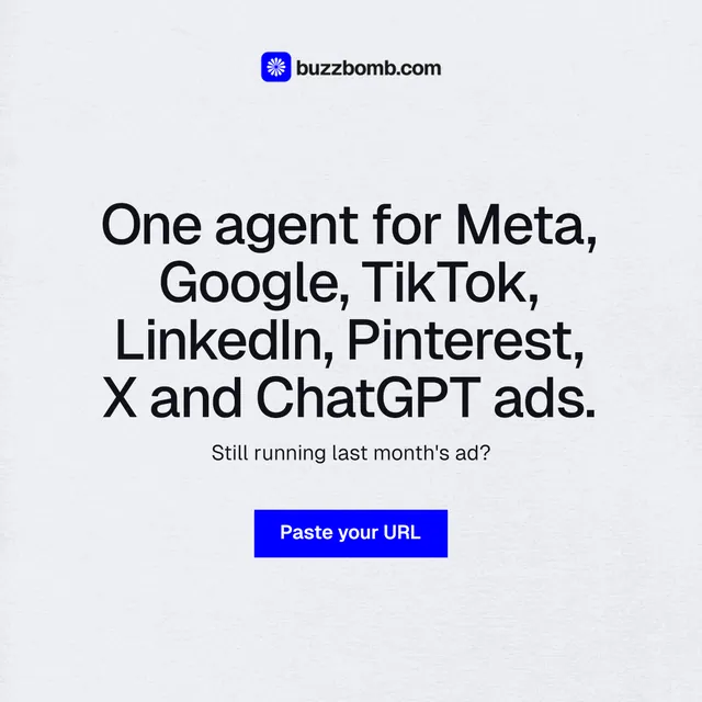 Instagram post for BuzzBomb: "One agent for Meta, Google, TikTok, LinkedIn, Pinterest, X and ChatGPT ads." Swiss style, centred layout, light palette in white, grey.