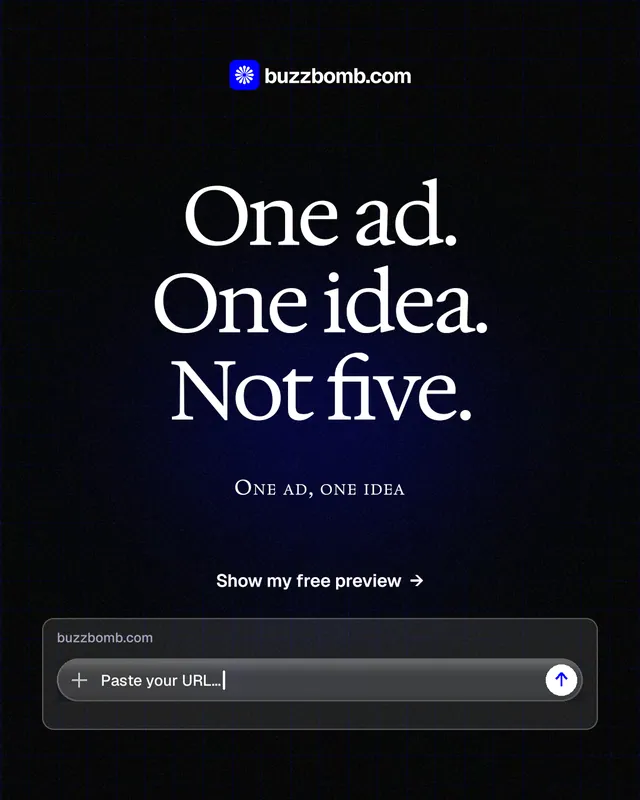 Instagram portrait post for BuzzBomb: "One ad. One idea. Not five." Phosphor atlas style, smallcaps layout, dark palette in black, grey.