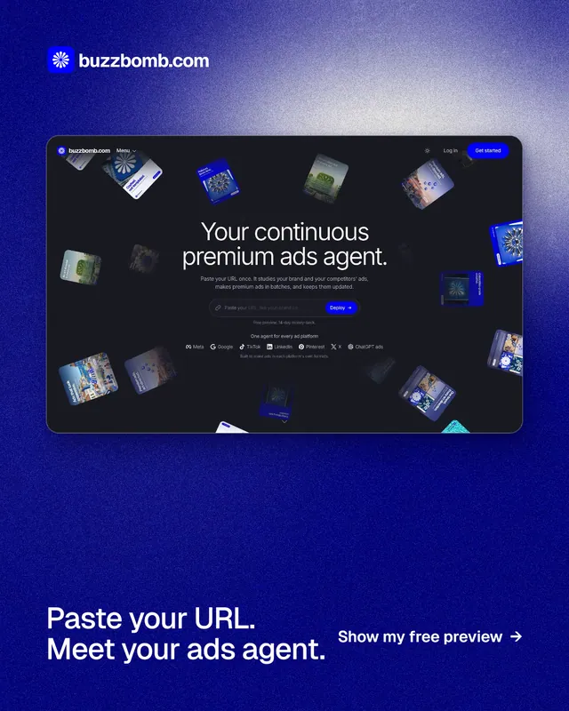 Instagram portrait post for BuzzBomb: "Paste your URL. Meet your ads agent." Cyanotype style, image led layout, dark palette in blue.
