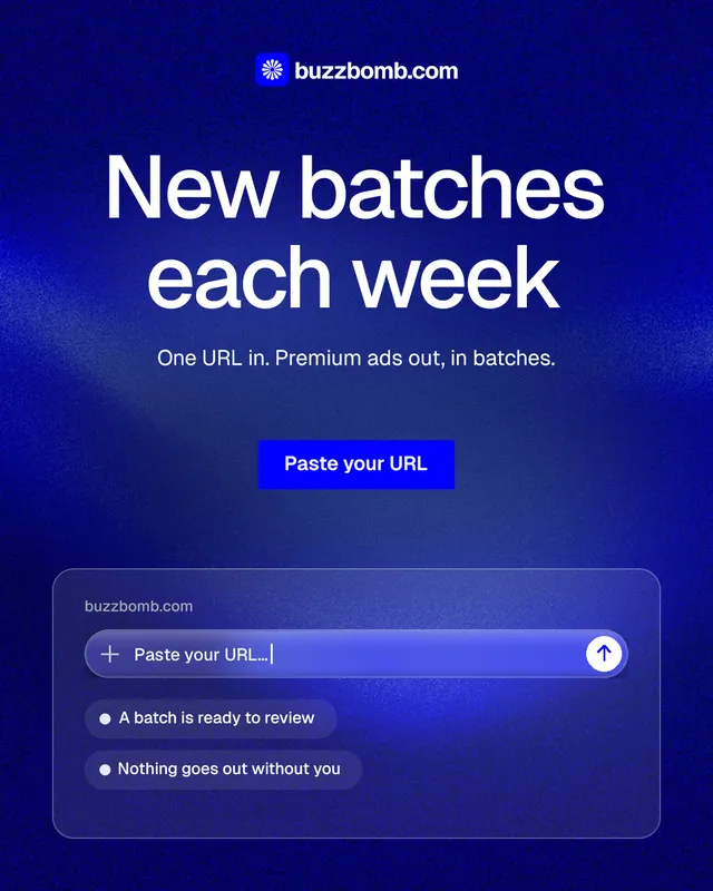 Instagram portrait post for BuzzBomb: "New batches each week". Swiss style, centred layout, dark palette in blue.