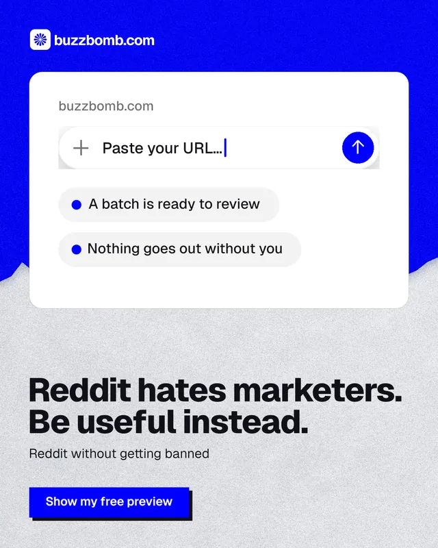 Instagram portrait post for BuzzBomb: "Reddit hates marketers. Be useful instead." Paper trio style, bottom layout, light palette in white, blue.