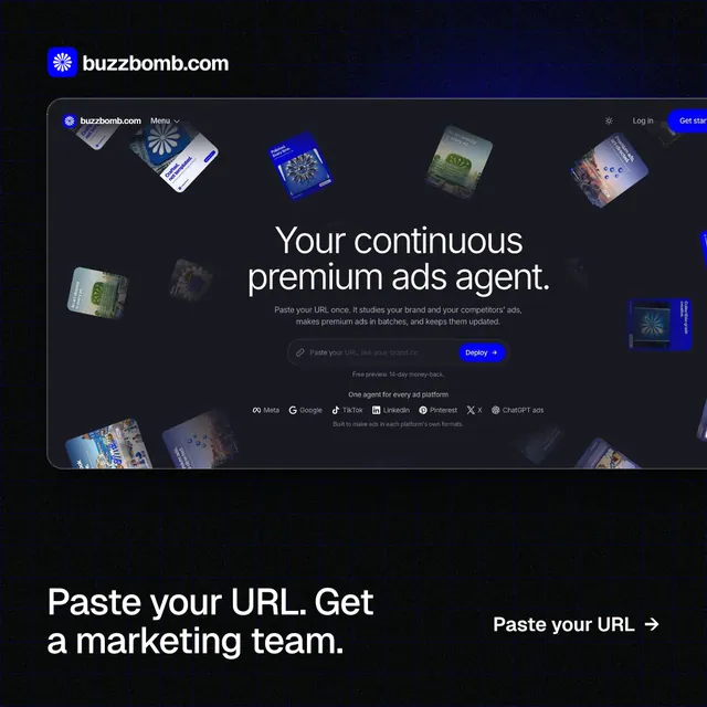 Instagram post for BuzzBomb: "Paste your URL. Get a marketing team." Phosphor atlas style, image led layout, dark palette in black, grey.