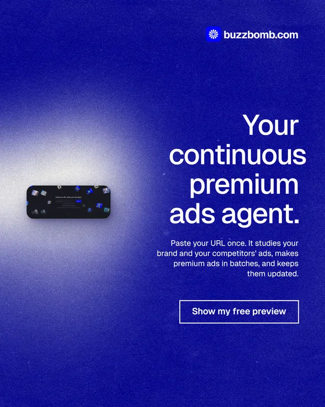 Instagram portrait post for BuzzBomb: "Your continuous premium ads agent." Cyanotype style, right layout, dark palette in blue.