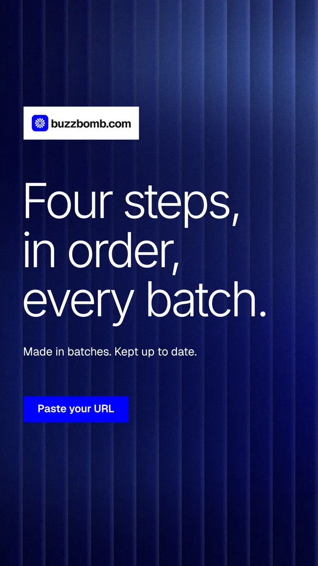 Instagram story for BuzzBomb: "Four steps, in order, every batch." Swiss style, announce layout, dark palette in blue.