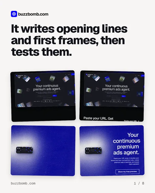 Carousel for BuzzBomb: "It writes opening lines and first frames, then tests them.". Collection carousel, 8 slides, light palette.