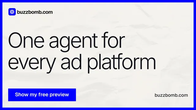 Landscape graphic for BuzzBomb: "One agent for every ad platform". Swiss style, poster layout, light palette in white, blue.