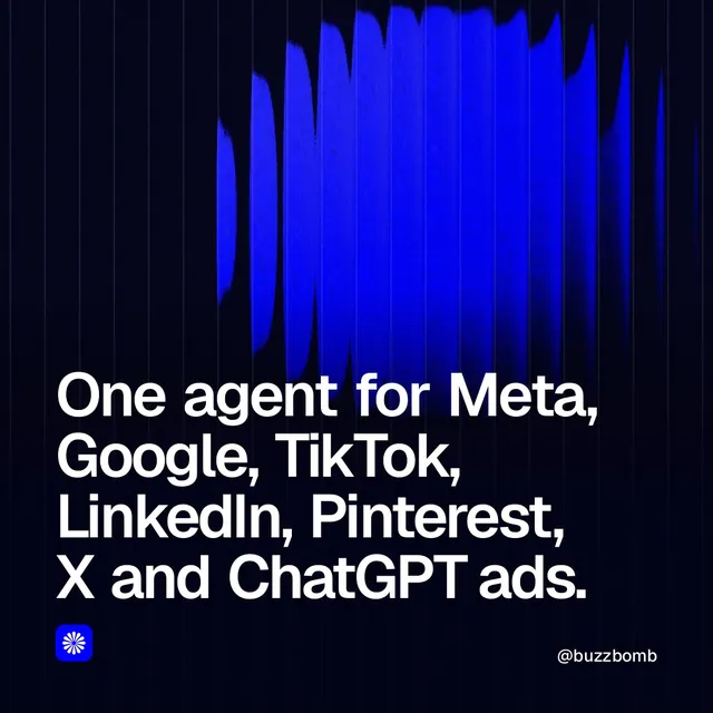Video for BuzzBomb: "One agent for Meta, Google, TikTok, LinkedIn, Pinterest, X and ChatGPT ads.". Shader loop, 6.0 s, dark palette.