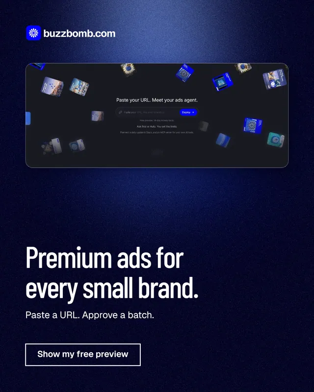 Instagram portrait post for BuzzBomb: "Premium ads for every small brand." Dark deco style, bottom layout, dark palette in blue, black.
