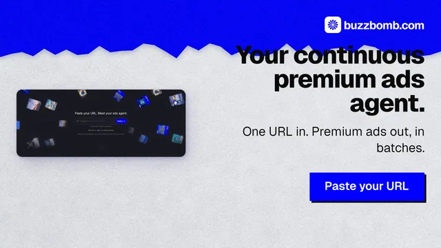 Landscape graphic for BuzzBomb: "Your continuous premium ads agent." Paper trio style, right layout, light palette in white, blue, grey.
